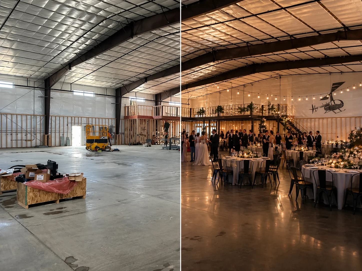 Vertical Venues hangar before and after, empty interior transformed into a full wedding reception with string lights and round tables