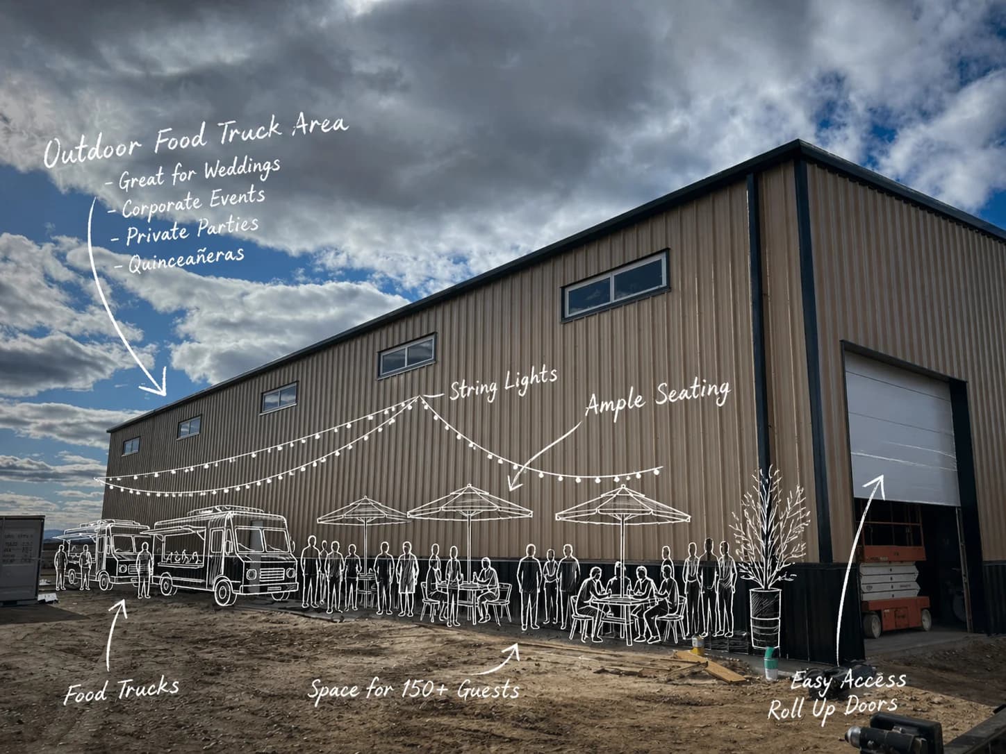 Outdoor event area at Vertical Venues with food trucks, string lights, and seating for 150+ guests